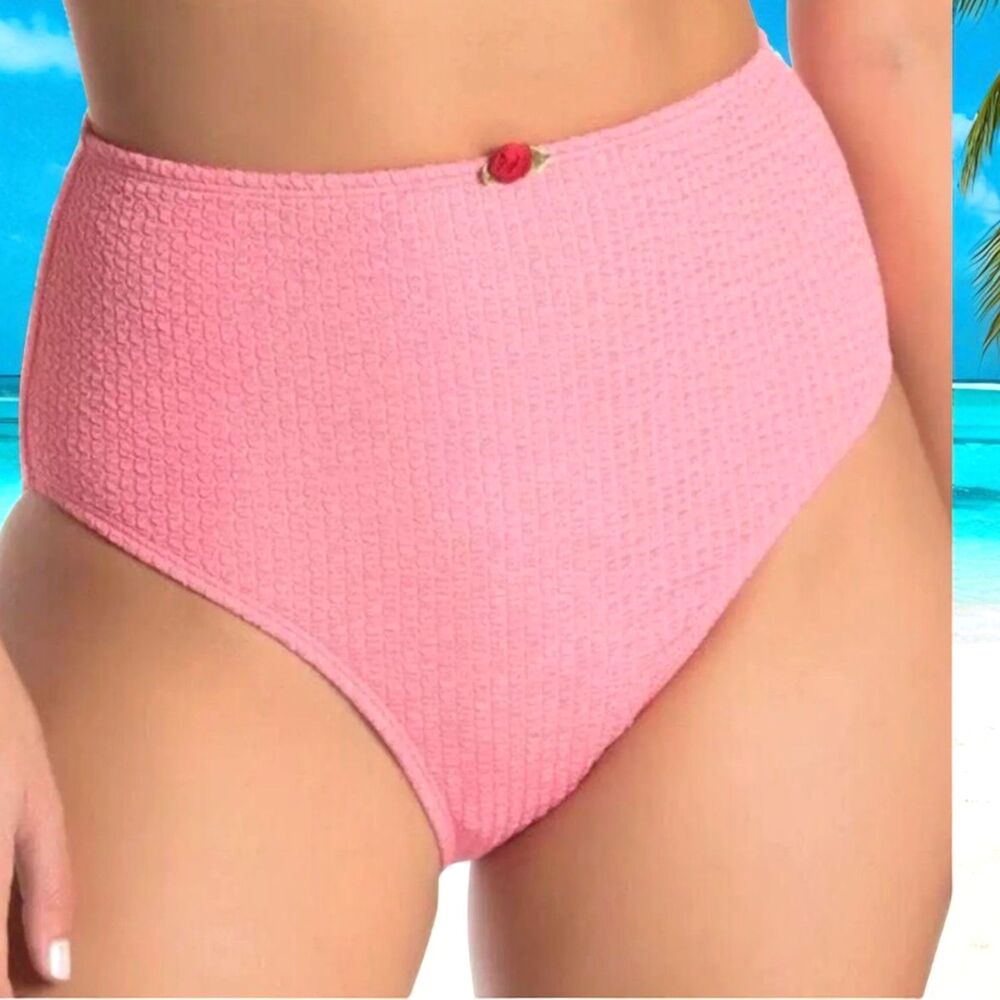 Betsey Johnson Bikini Bottom M Pink Ribbed Rosette High Waist Scrunch Resort NWT - Picture 2 of 11